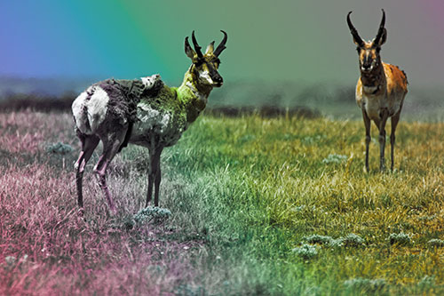 Two Shedding Pronghorns Among Grass (Rainbow Tint Photo)