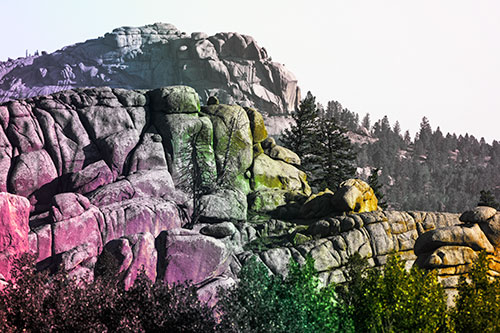 Two Towering Rock Formation Mountains (Rainbow Tint Photo)