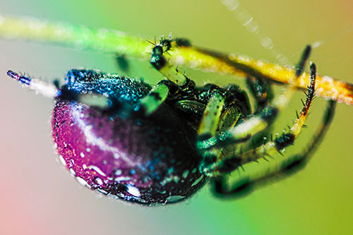 Upside Down Furrow Orb Weaver Spider Crawling Along Stem (Rainbow Tint)