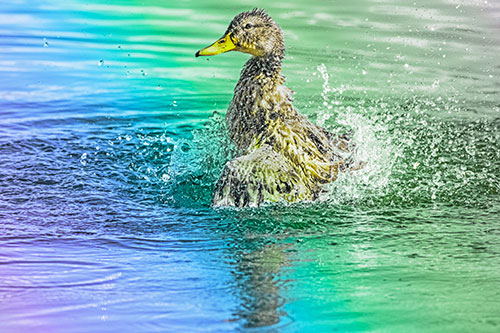 Water Splashing Mallard Duck Taking Bird Bath (Rainbow Tint)