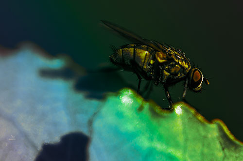 Wet Cluster Fly Walks Along Leaf Rim Edge (Rainbow Tint Photo)