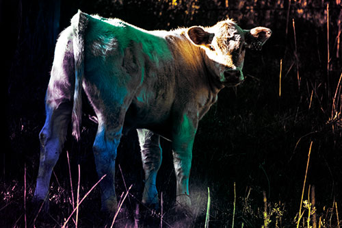 White Cow Calf Looking Backwards (Rainbow Tint Photo)