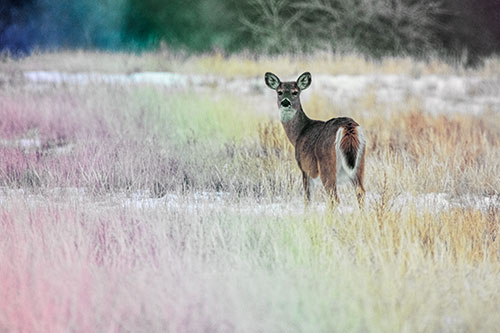 White Tailed Deer Gazing Backwards Among Snowy Field (Rainbow Tint Photo)