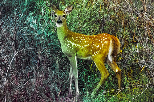 White Tailed Spotted Deer Stands Among Vegetation (Rainbow Tint Photo)