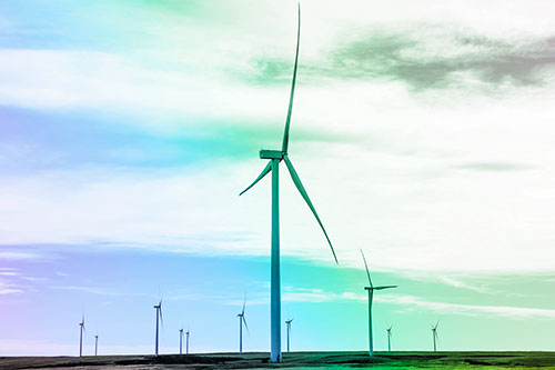 Wind Turbine Cluster Standing Tall Among Horizon (Rainbow Tint)