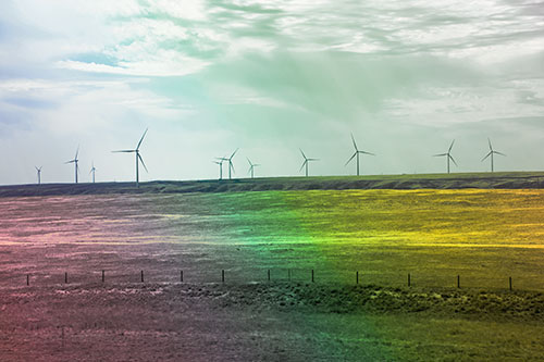 Wind Turbines Scattered Along The Prairie Horizon (Rainbow Tint Photo)