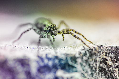 Wolf Spider Standing Along Rock Edge (Rainbow Tint)