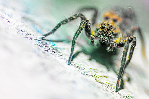 Wolf Spider Watching Among Sloping Rock (Rainbow Tint)