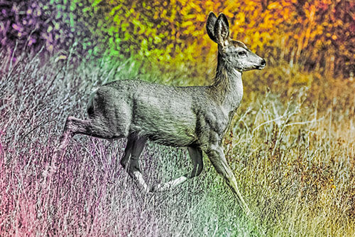 Young Mule Deer Galloping Across Grassland (Rainbow Tint)