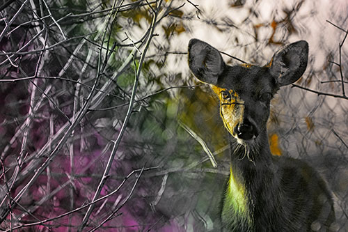 Young White Tailed Deer Watches Through Chain Link Fence (Rainbow Tint)