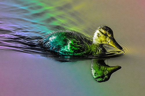 Aging Mallard Duckling Swimming Through Calm Water (Rainbow Tone)