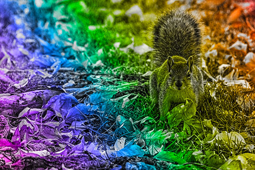 Alert Squirrel Freezes Among Fall Leaves (Rainbow Tone)