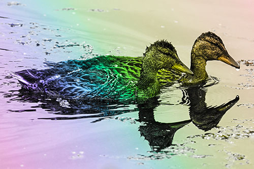 Algae Coated Female Mallard Ducks Swimming In Unison (Rainbow Tone Photo)