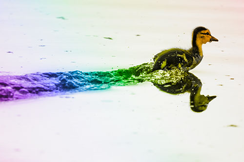 Baby Mallard Duckling Running Across Lake Water (Rainbow Tone Photo)