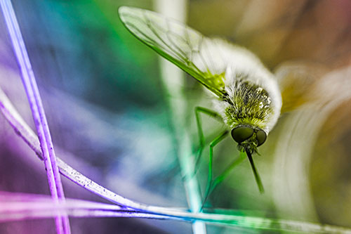 Bee Fly Balances Atop Dried Grass Blades (Rainbow Tone)