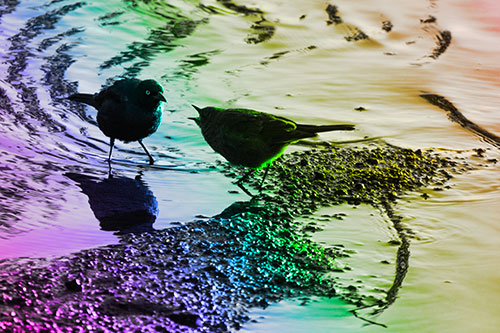Brewers Blackbirds Feeding Along Shoreline (Rainbow Tone Photo)