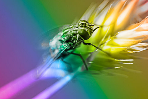Cluster Fly Rests Atop Grass Blade (Rainbow Tone Photo)