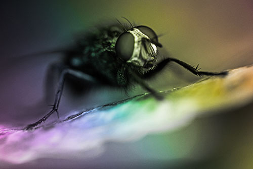 Cluster Fly Standing Atop Dead Sloping Autumn Leaf (Rainbow Tone Photo)