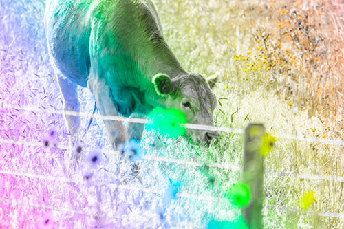 Cow Snacking On Grass Behind Fence (Rainbow Tone)