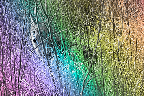 Coyote Makes Eye Contact Among Tall Grass (Rainbow Tone Photo)