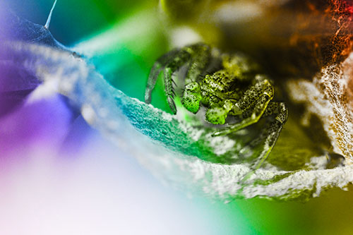 Crab Spider Cowers Among Leaf Petal (Rainbow Tone)
