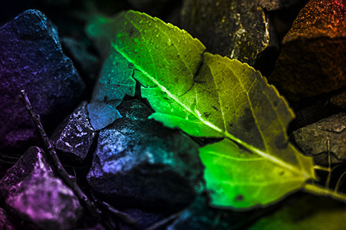 Cracked Soggy Leaf Face Rests Among Rocks (Rainbow Tone Photo)