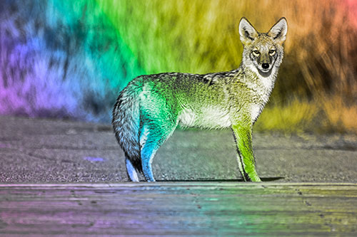 Crossing Coyote Glares Across Bridge Walkway (Rainbow Tone Photo)