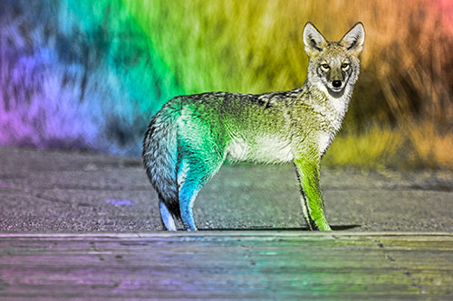 Crossing Coyote Glares Across Bridge Walkway (Rainbow Tone)
