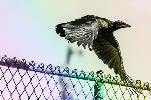 Crow Flying Over Chain Link Fence (Rainbow Tone)