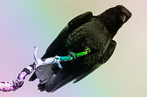 Crow Glancing Downward Atop Decaying Tree Branch (Rainbow Tone Photo)