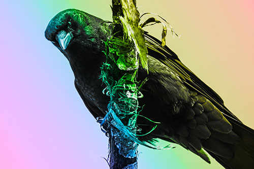Crow Glaring Downward Atop Peeling Tree Branch (Rainbow Tone)