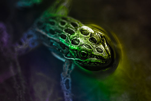 Curious Leopard Frog Peeking Head Above Water (Rainbow Tone)