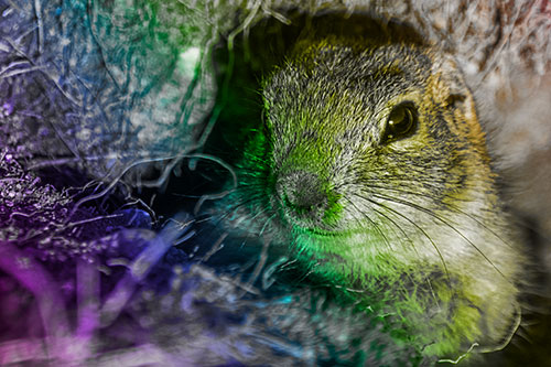 Curious Prairie Dog Watches From Dirt Tunnel Entrance (Rainbow Tone Photo)