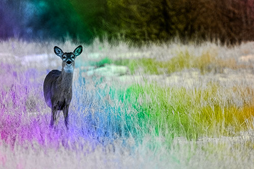 Curious White Tailed Deer Watching Among Snowy Field (Rainbow Tone Photo)