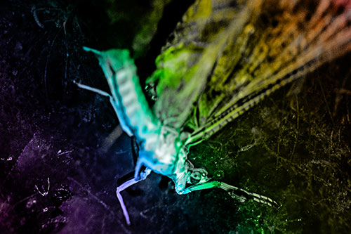 Deceased Mayfly Floating Atop Shallow River Shore (Rainbow Tone)