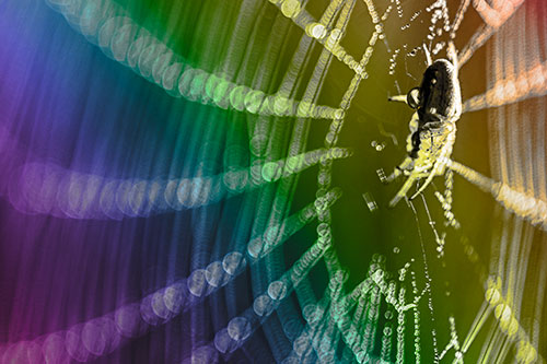Dewy Orb Weaver Spider Hangs Among Web (Rainbow Tone Photo)