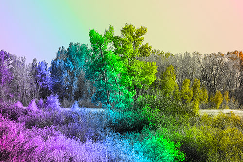 Distant Autumn Trees Changing Color Among Horizon (Rainbow Tone Photo)