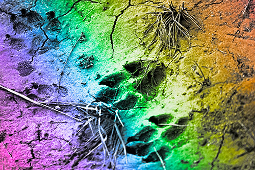 Dog Footprints On Dry Cracked Mud (Rainbow Tone Photo)