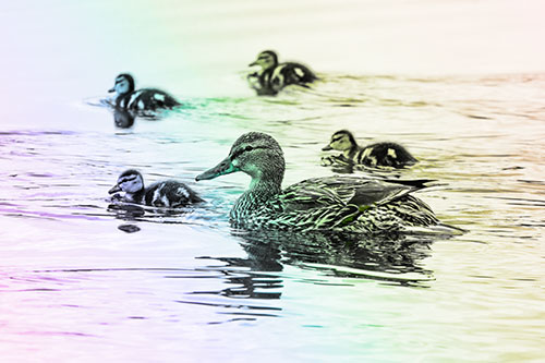 Ducklings Swim Along Mother Mallard Duck (Rainbow Tone Photo)