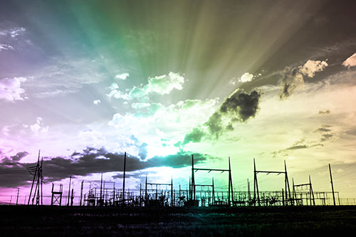 Electrical Substation Sunset Bursting Through Clouds (Rainbow Tone Photo)