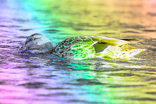 Female Mallard Duck Feasting Among River Water (Rainbow Tone)