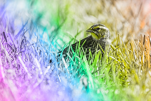 Female Red Winged Blackbird Taking Gander Among Grass (Rainbow Tone)