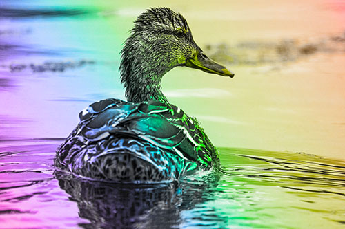 Floating Female Mallard Duck Glancing Sideways (Rainbow Tone Photo)