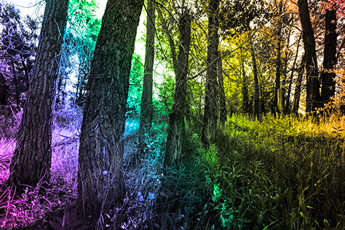 Forest Tree Trunks Blocking Sunlight (Rainbow Tone Photo)