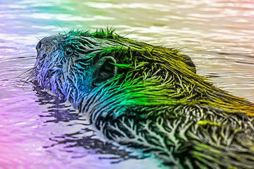 Frightened Beaver Swims Upstream River (Rainbow Tone Photo)