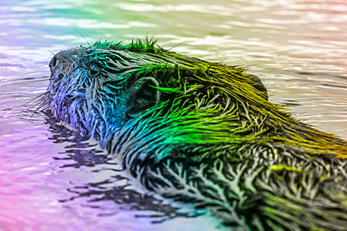 Frightened Beaver Swims Upstream River (Rainbow Tone)