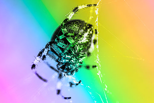 Furrow Orb Weaver Spider Descends Down Web (Rainbow Tone Photo)