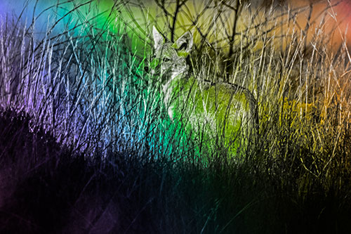Gazing Coyote Watches Among Feather Reed Grass (Rainbow Tone Photo)