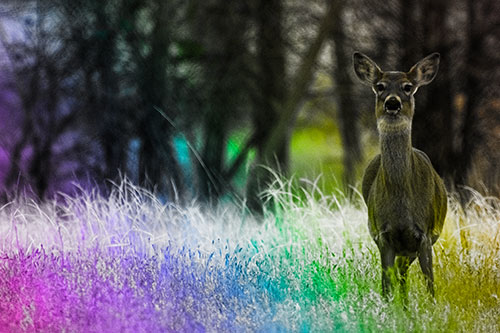 Gazing White Tailed Deer Watching Among Feather Reed Grass (Rainbow Tone Photo)