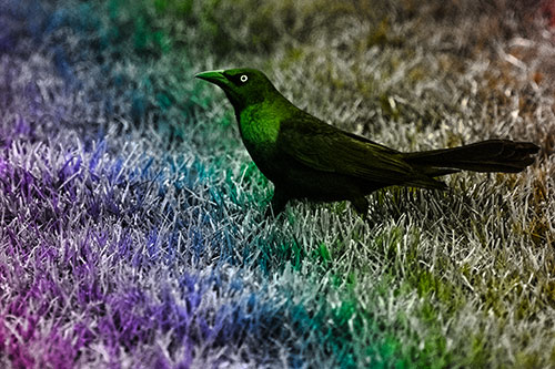 Grackle Walking Among Fresh Cut Grass (Rainbow Tone)
